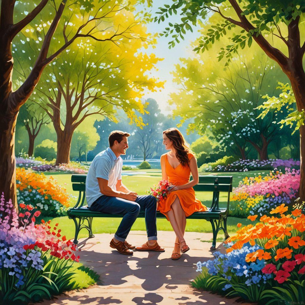 A serene park setting with a couple sitting on a bench, sharing a laugh and exchanging meaningful glances, surrounded by blooming flowers and soft sunlight filtering through the trees. In the background, silhouettes of diverse couples engaged in various romantic gestures represent different stages of love. The scene encapsulates intimacy, connection, and timelessness. vibrant colors. painting.