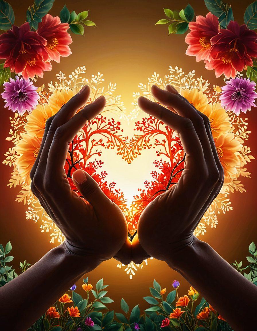 A beautifully arranged heart shape made of interlocking hands, symbolizing deep connections. Surrounding the heart, vibrant flowers showcase growth and transformation, illustrating romantic bonds. A subtle, dreamy background enhances the warm atmosphere, evoking love and commitment. Soft golden light filters through, creating an enchanting effect. super-realistic. vibrant colors. dreamy background.