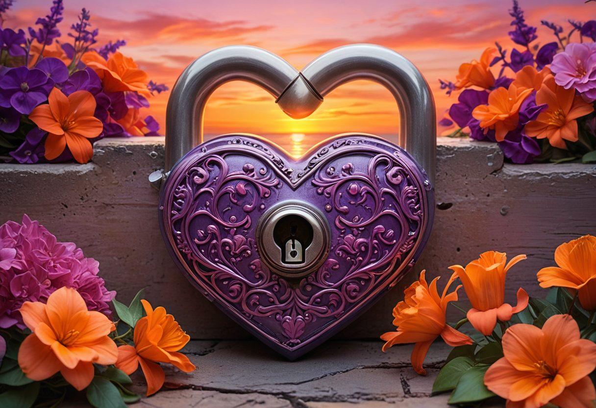 A heart-shaped lock symbolizing the secrets of lasting love, surrounded by vibrant floral designs representing growth and connection. Include two intertwined hands gently holding the lock, with a soft glowing light emanating from it to symbolize warmth and intimacy. The background should be a dreamy sunset with warm hues reflecting love and affection. super-realistic. vibrant colors. soft focus.